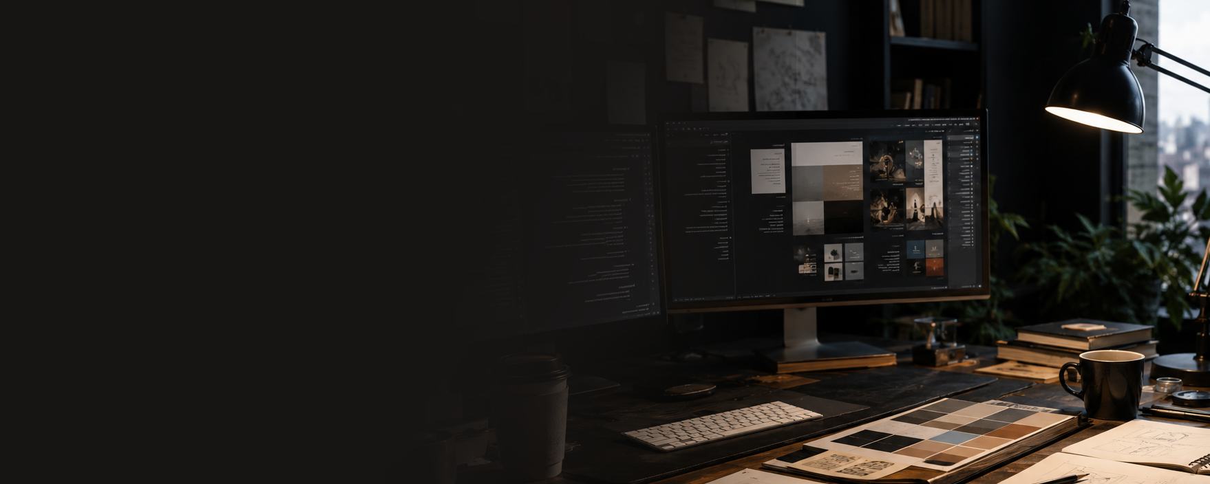 A designer's studio desk lit by monitor glow and available light, with physical materials on the surface