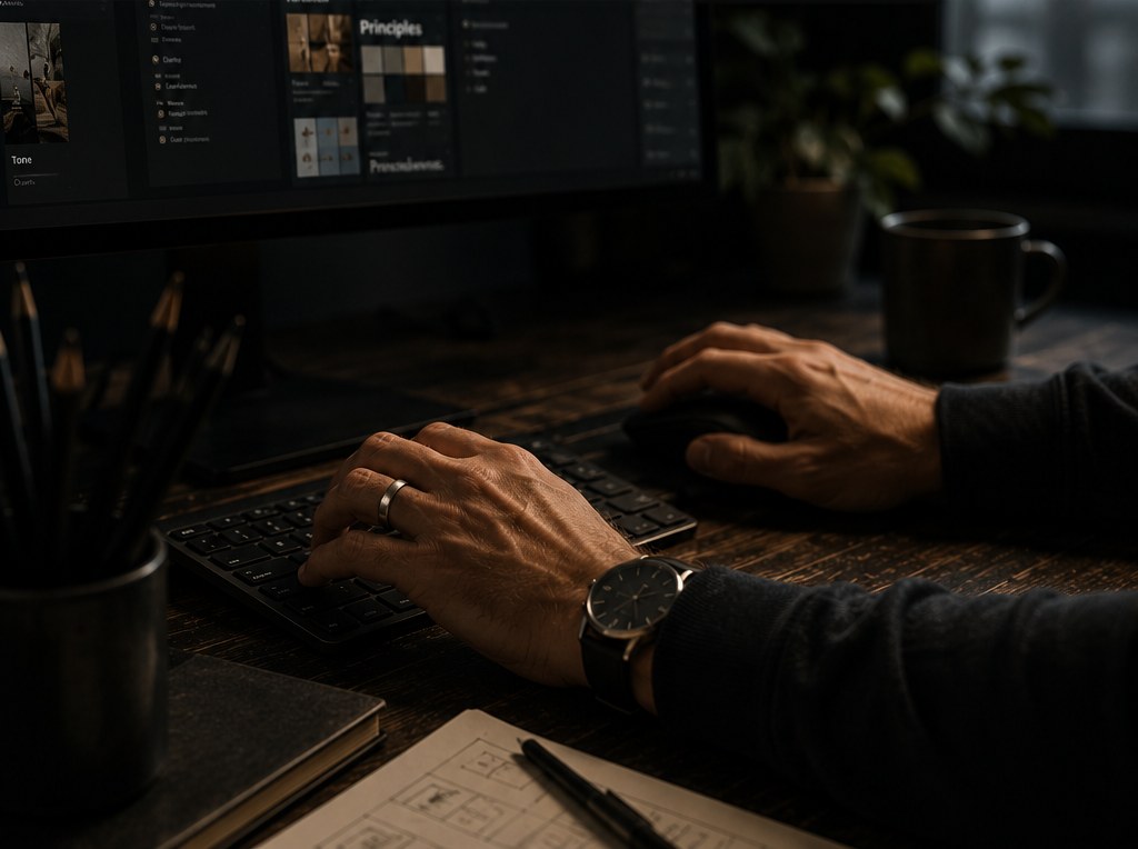 A designer's hands at a keyboard, desk lit by monitor glow, brand color swatches visible on screen