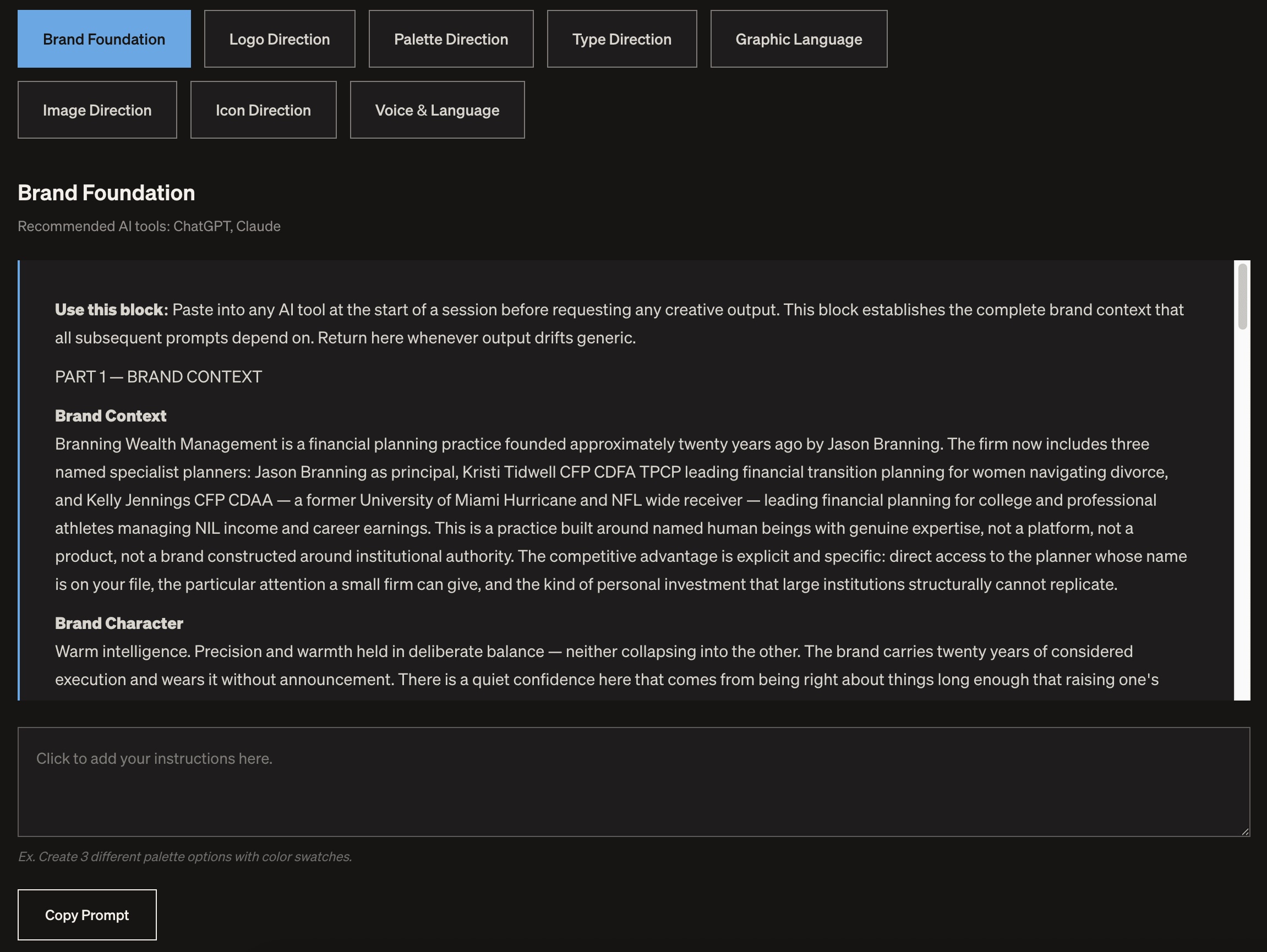 A generated prompt block showing brand context, brand character, and target audience direction, with a Copy Prompt button