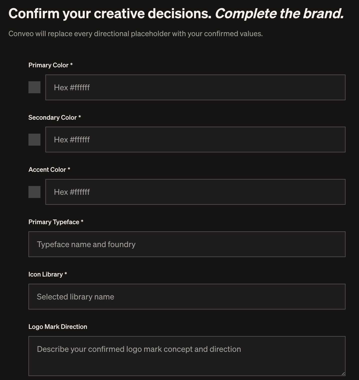 Conveo confirmation interface with fields for primary, secondary, and accent color, primary typeface, icon library, and a Generate Final Brand DNA button