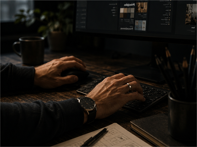 Close view of hands working at a keyboard in available light